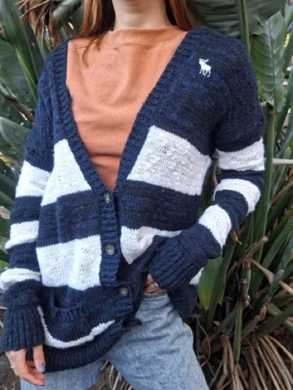 Abercrombie & Fitch Navy Blue & White Striped Cardigan with Big Moose Logo - M/L
